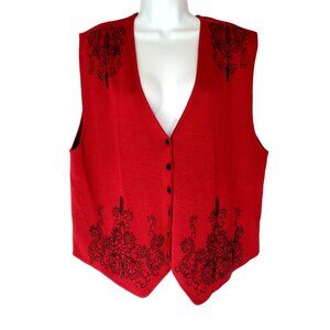 Koret Vest Women's L Wool Blend Red Sweater Knit Grandmacore Vintage Beaded Embe
